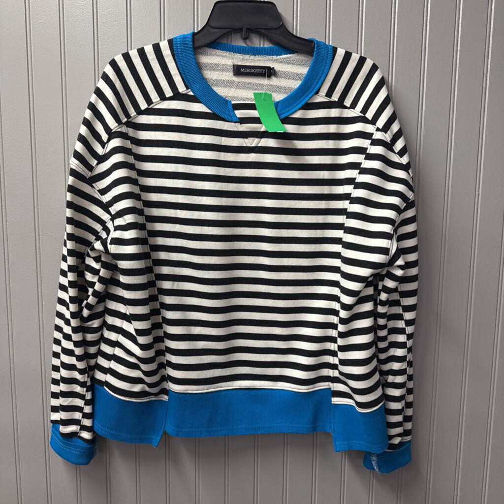 MEROKEETY,STRIPE TOP,BLK WHT BLUE ,M
