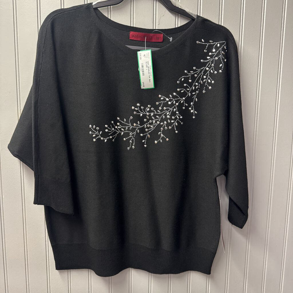 LOVE SCARLETT,NWT JEWELED TOP ,BLK SILVER ,L