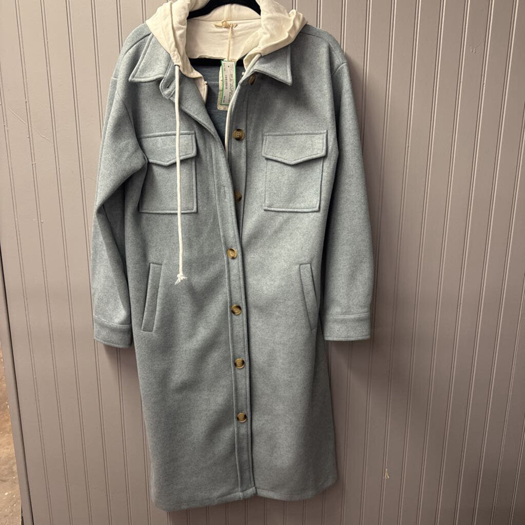 MYSTREE,NWT BUTTON FLEECE HOODED JACKET ,BLUE IVORY,S