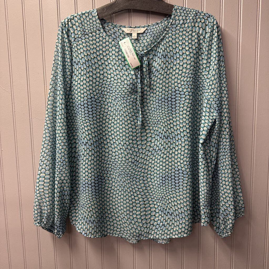 LIVERPOOL,LSV SHEER PRINT TOP,BL/GR/TEAL,L
