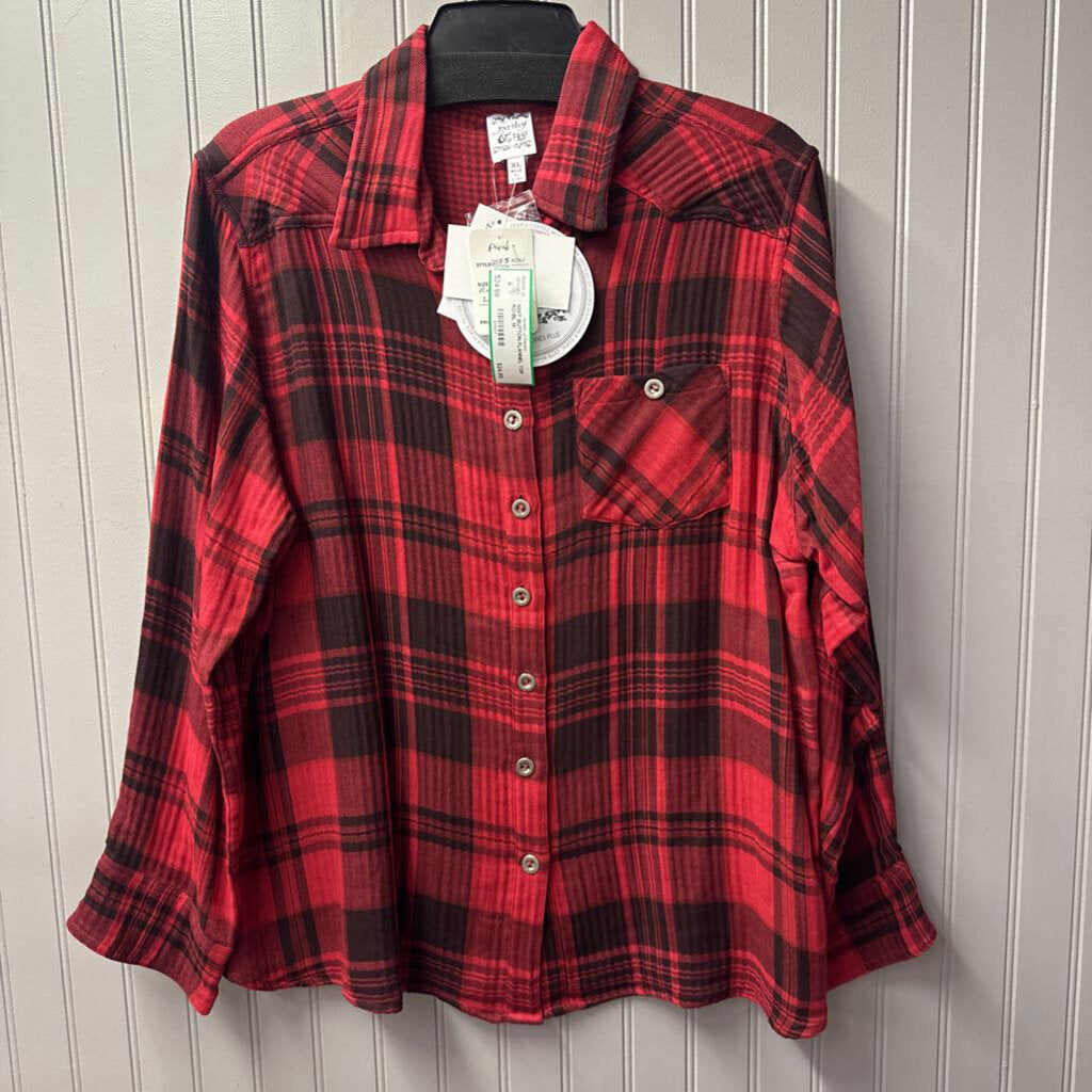 PARSLEY & SAGE, NWT BUTTON FLANNEL TOP,RD/BL,M