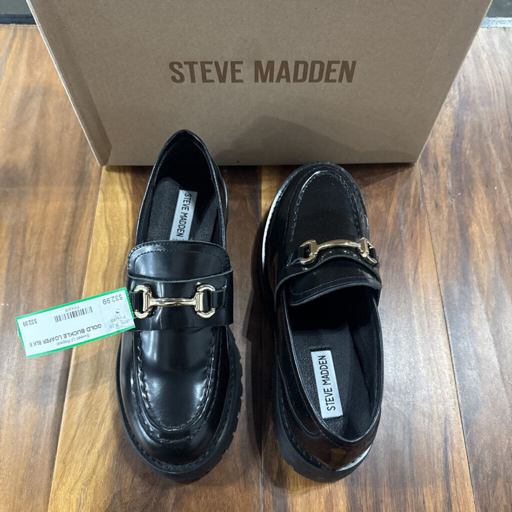 STEVE MADDEN,GOLD BUCKLE LOAFER,BLK,8