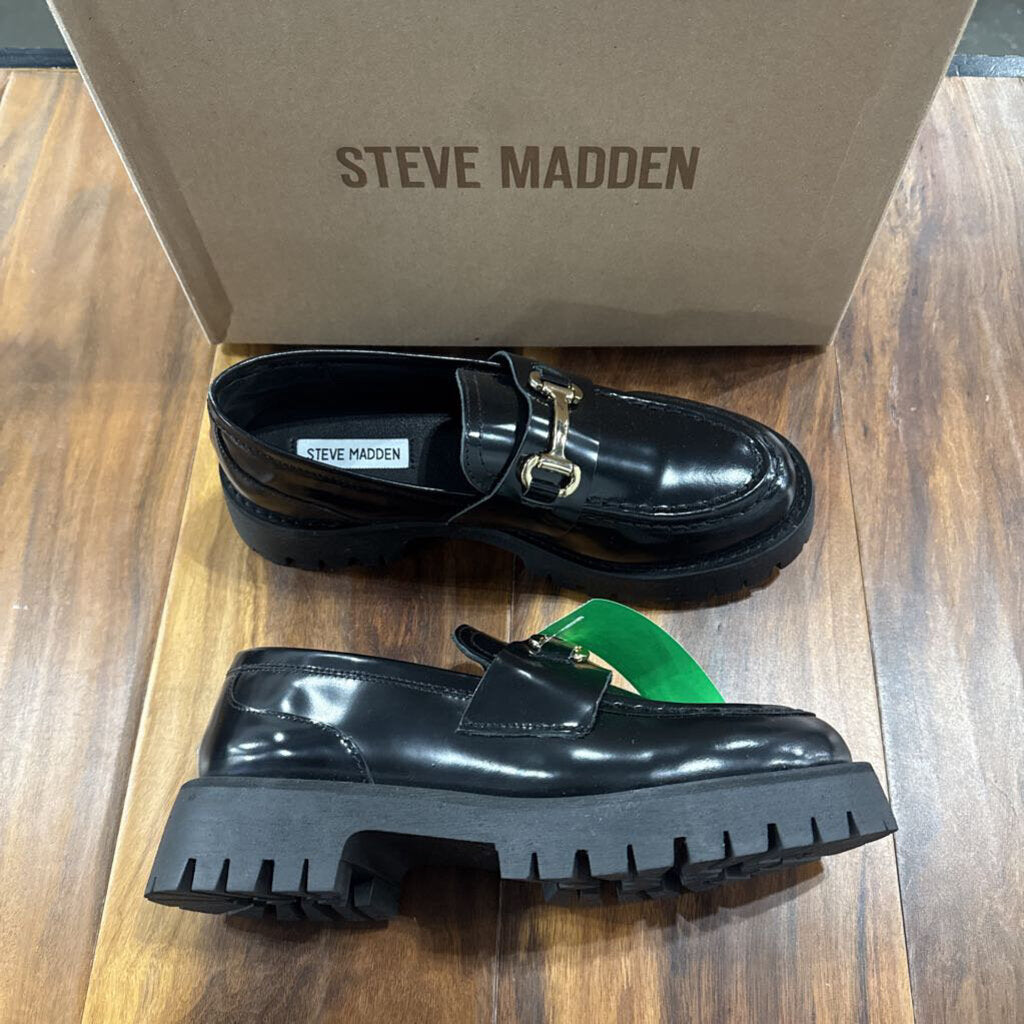 STEVE MADDEN,GOLD BUCKLE LOAFER,BLK,8