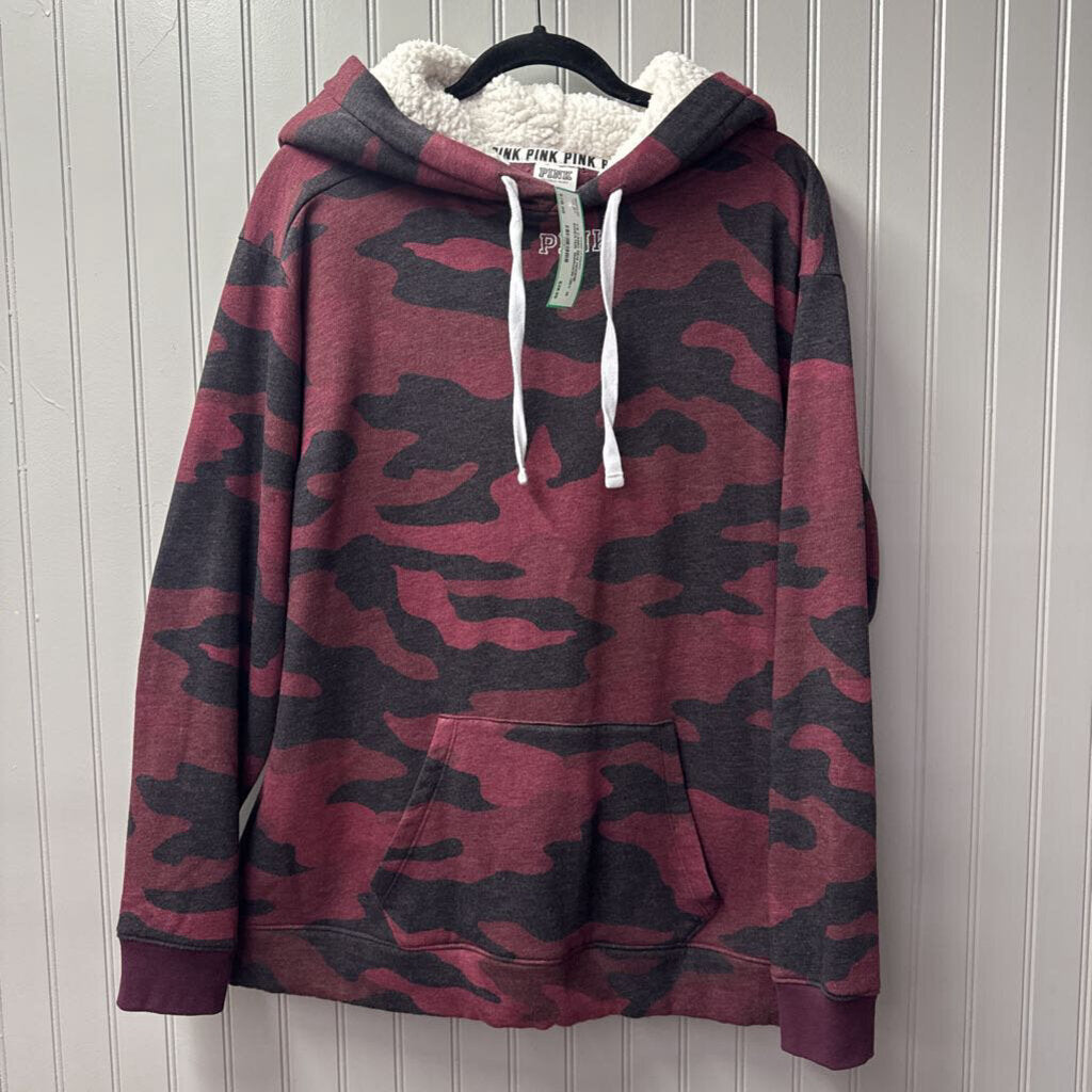 VS PINK,VS CAMO SEQ HOODIE SWEATER, MAROON GRY ,M
