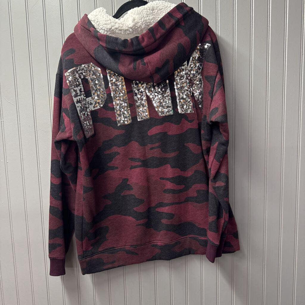VS PINK,VS CAMO SEQ HOODIE SWEATER, MAROON GRY ,M