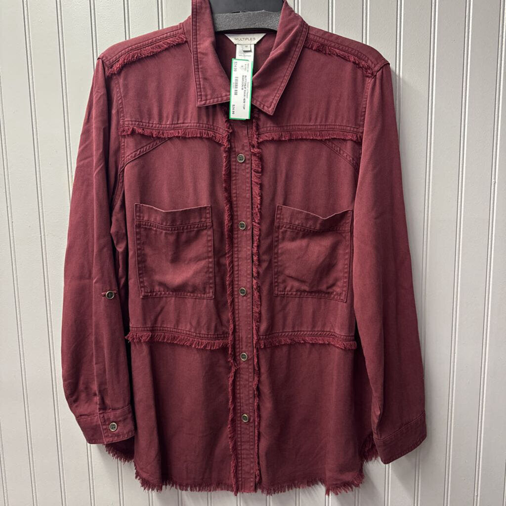 MULTIPLES,BUTTONUP RAW HEM TOP ,MAROON,M