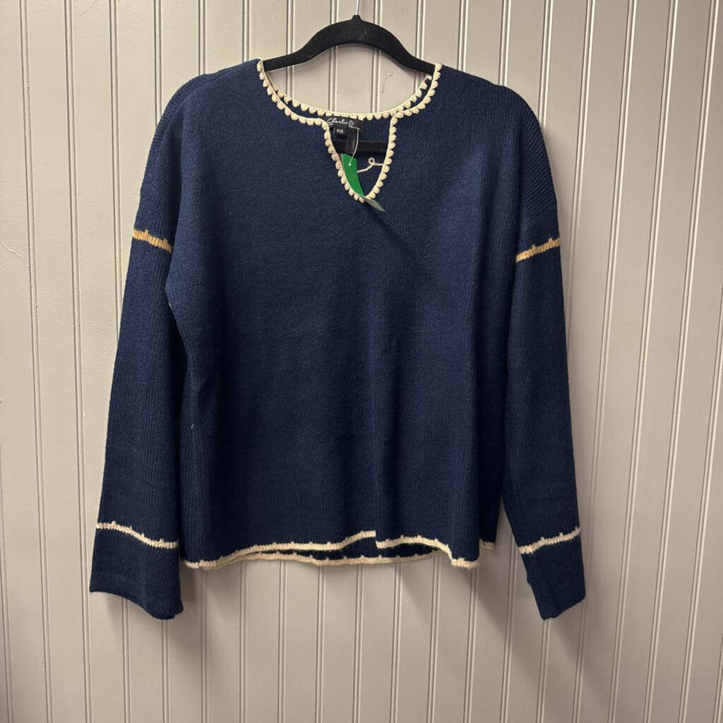 CHARLIE B,PATTERNED BACK SWEATER,NVY TAN,PS