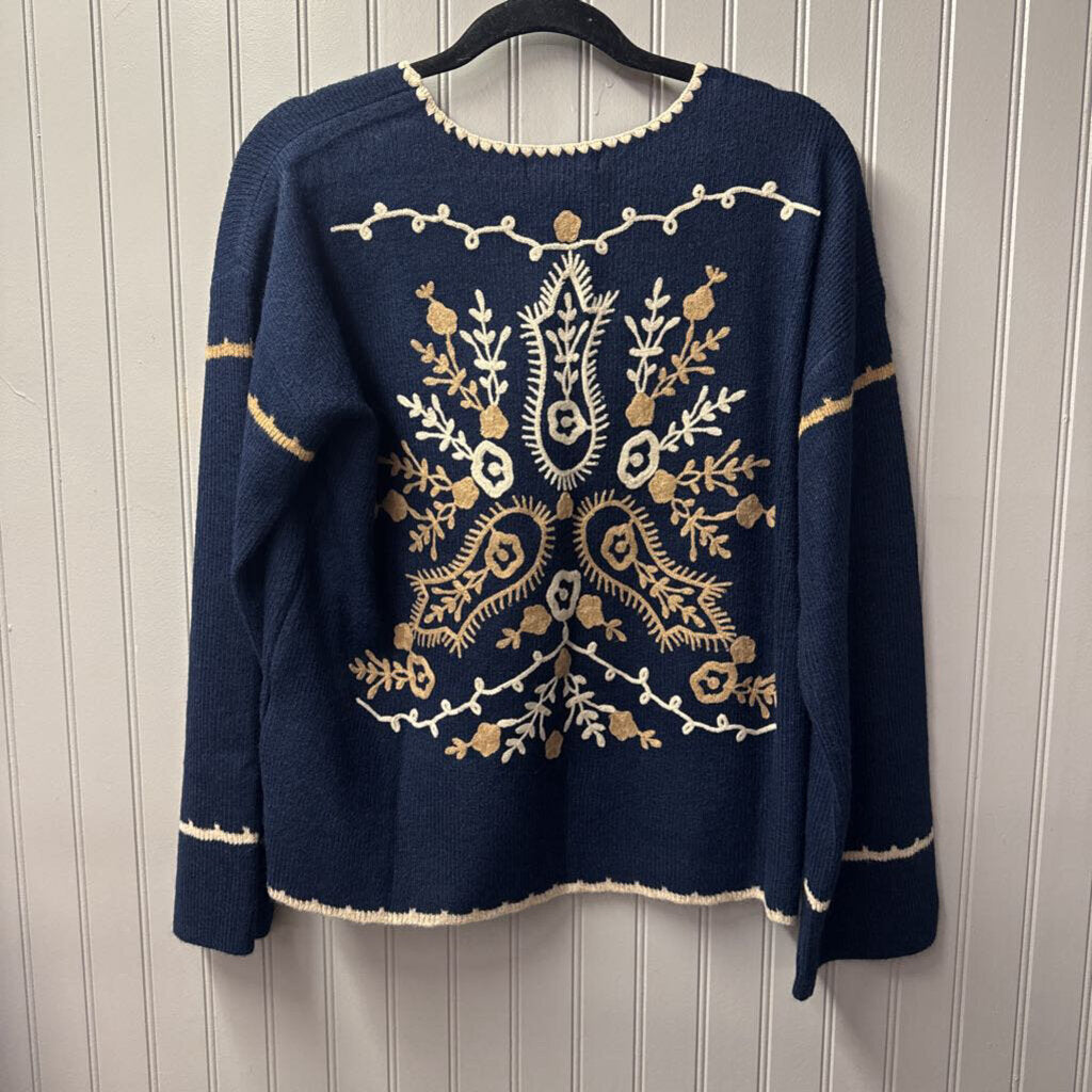 CHARLIE B,PATTERNED BACK SWEATER,NVY TAN,PS