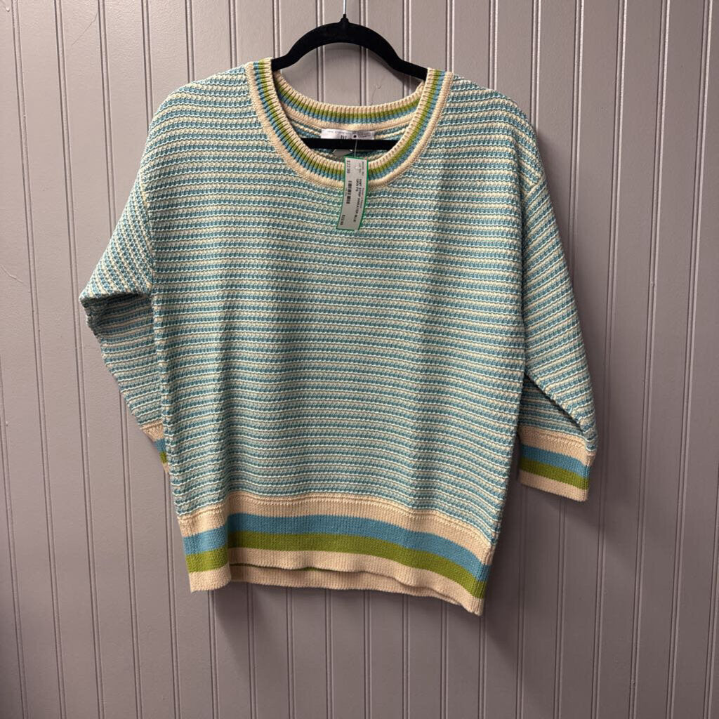 KNIT STRIP SWEATER,BLUE GRN,PS
