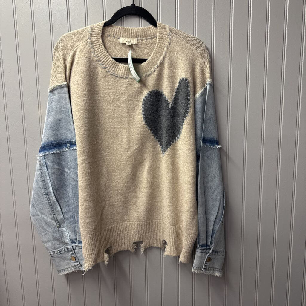 EASEL,HRT DENIM SLVE SWEATER,TAN BLUE ,S