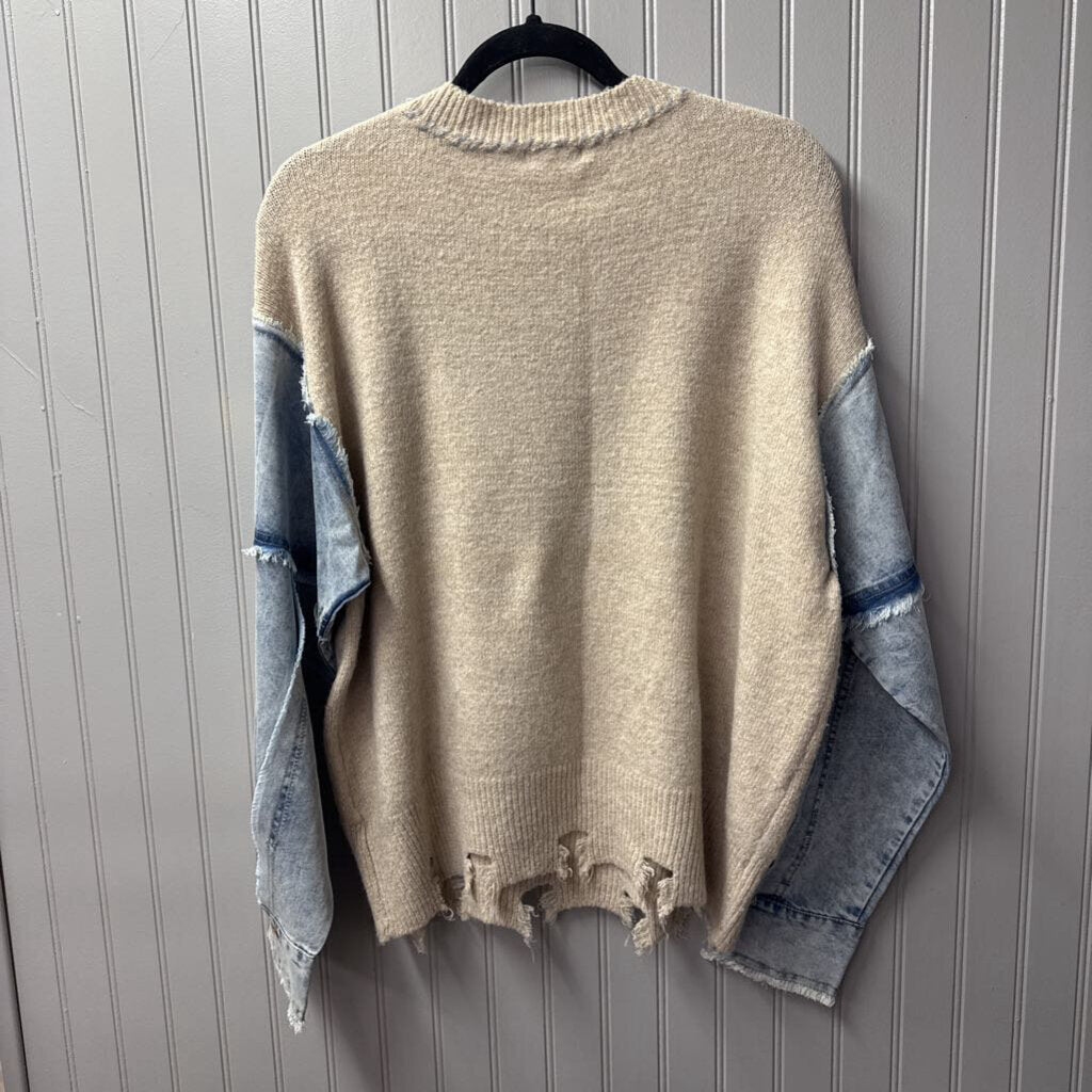 EASEL,HRT DENIM SLVE SWEATER,TAN BLUE ,S