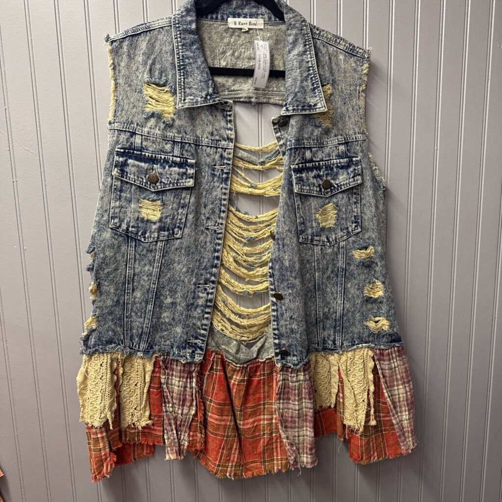 A RARE BIRD,ARB DENIM PLAID VEST ,BLUE RED IVORY Y,L/XL