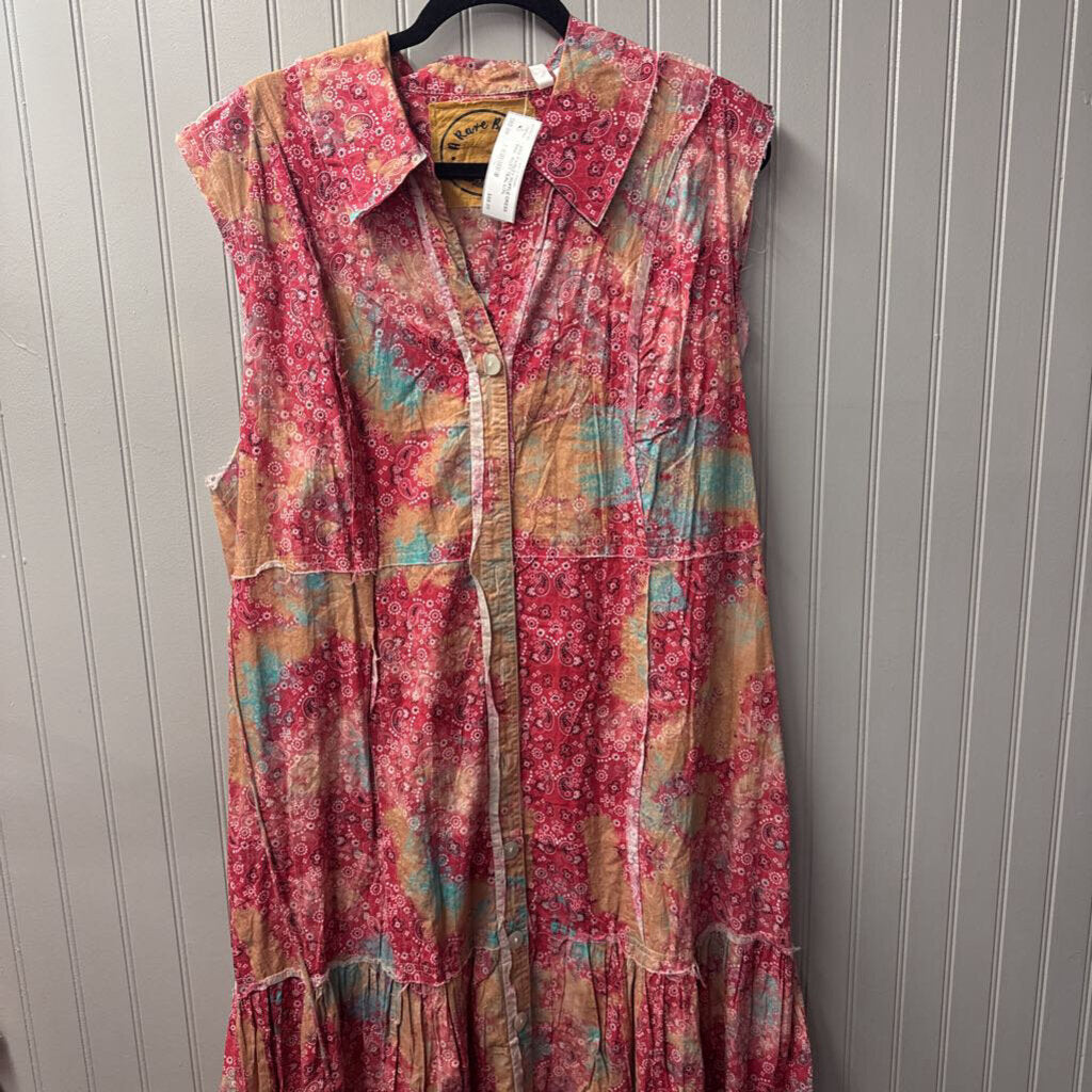 ARB PAISLEY RUFFLE DRESS ,PINK RUST TEAL,L/XL