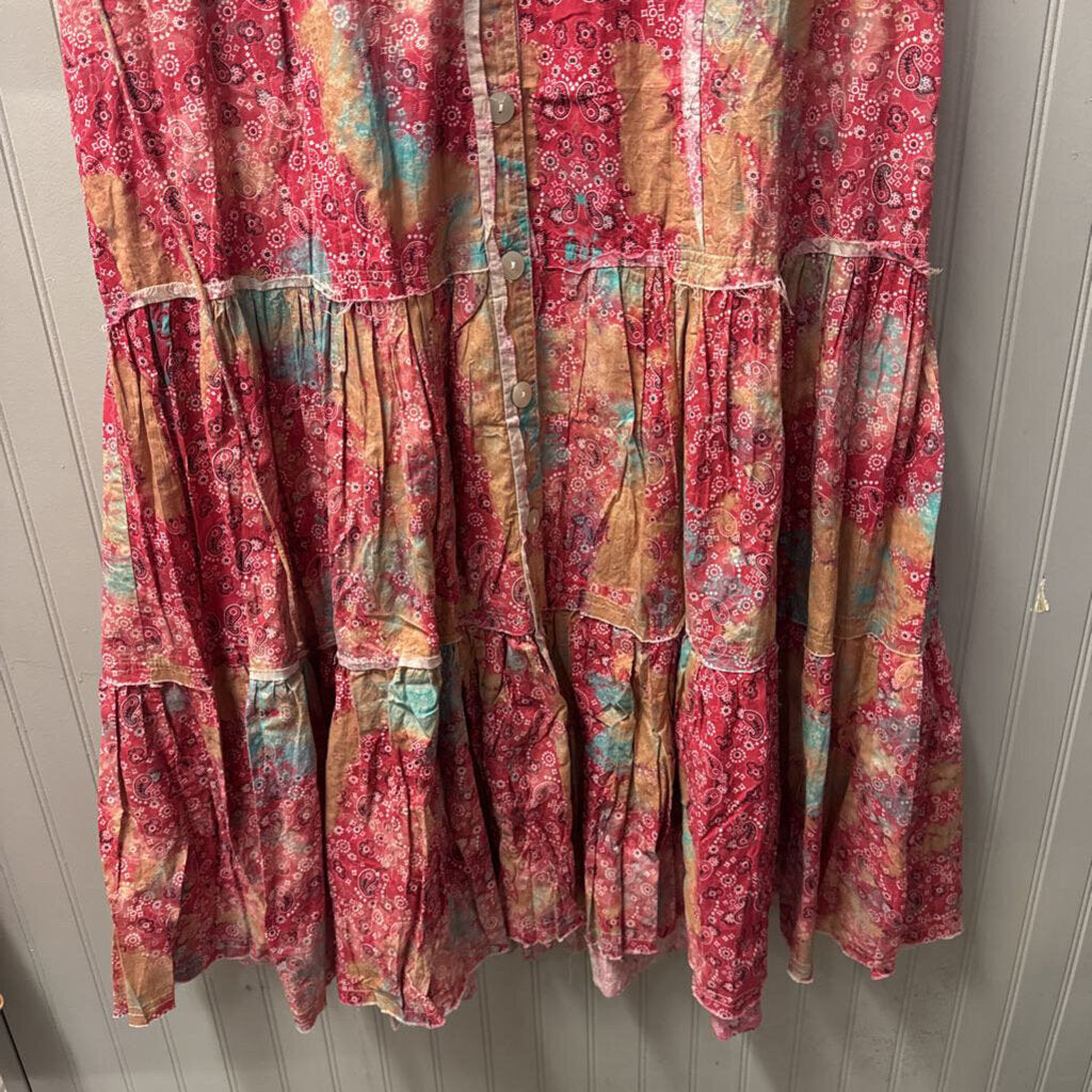 ARB PAISLEY RUFFLE DRESS ,PINK RUST TEAL,L/XL