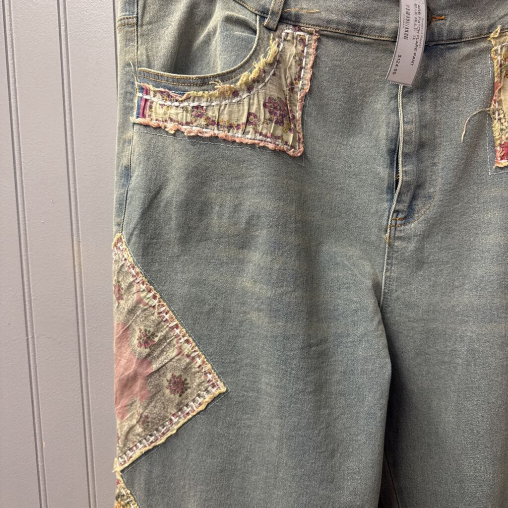 A RARE BIRD,ARB PATCH FLARE PANT ,BLUE MULTI ,XL