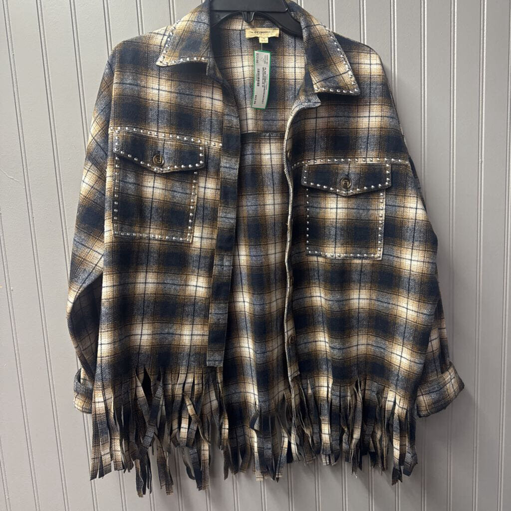 EE:SOME,PLAID EMBELLISHEDSHACKET ,BROWN/BLUE,M