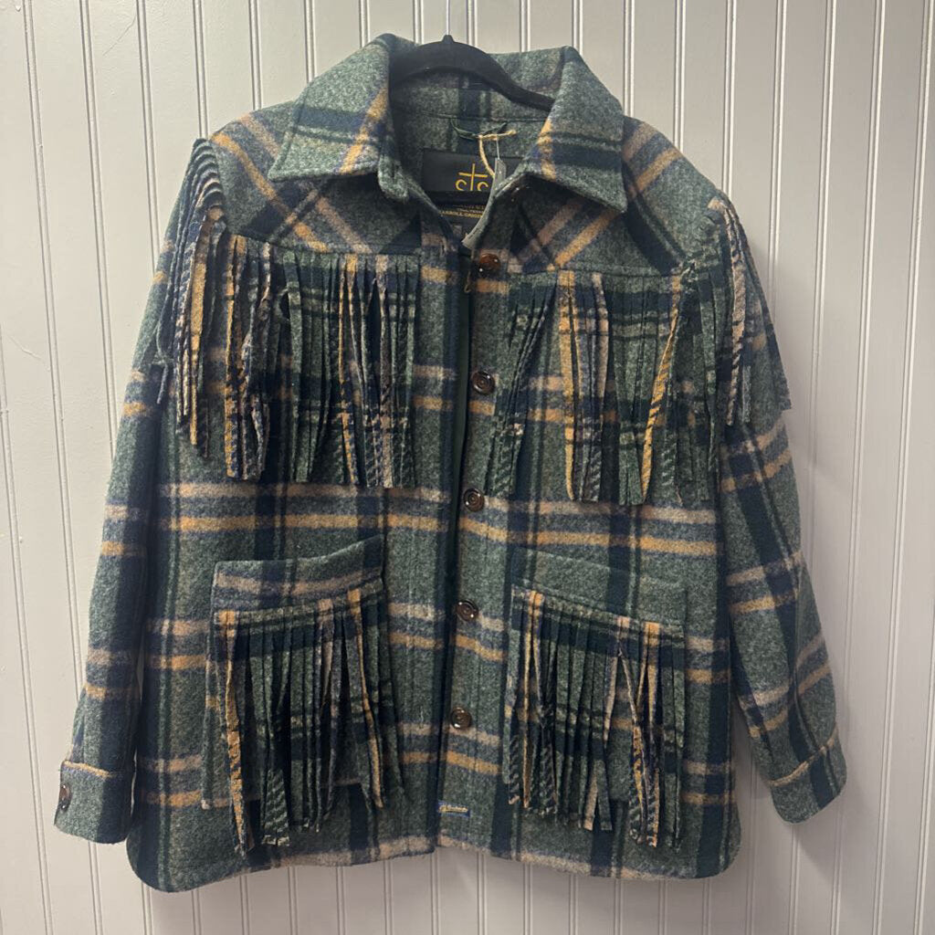 STS,NWT STS PLAID FRINGE COAT RETAIL $174,GRN TAN BLUE ,M