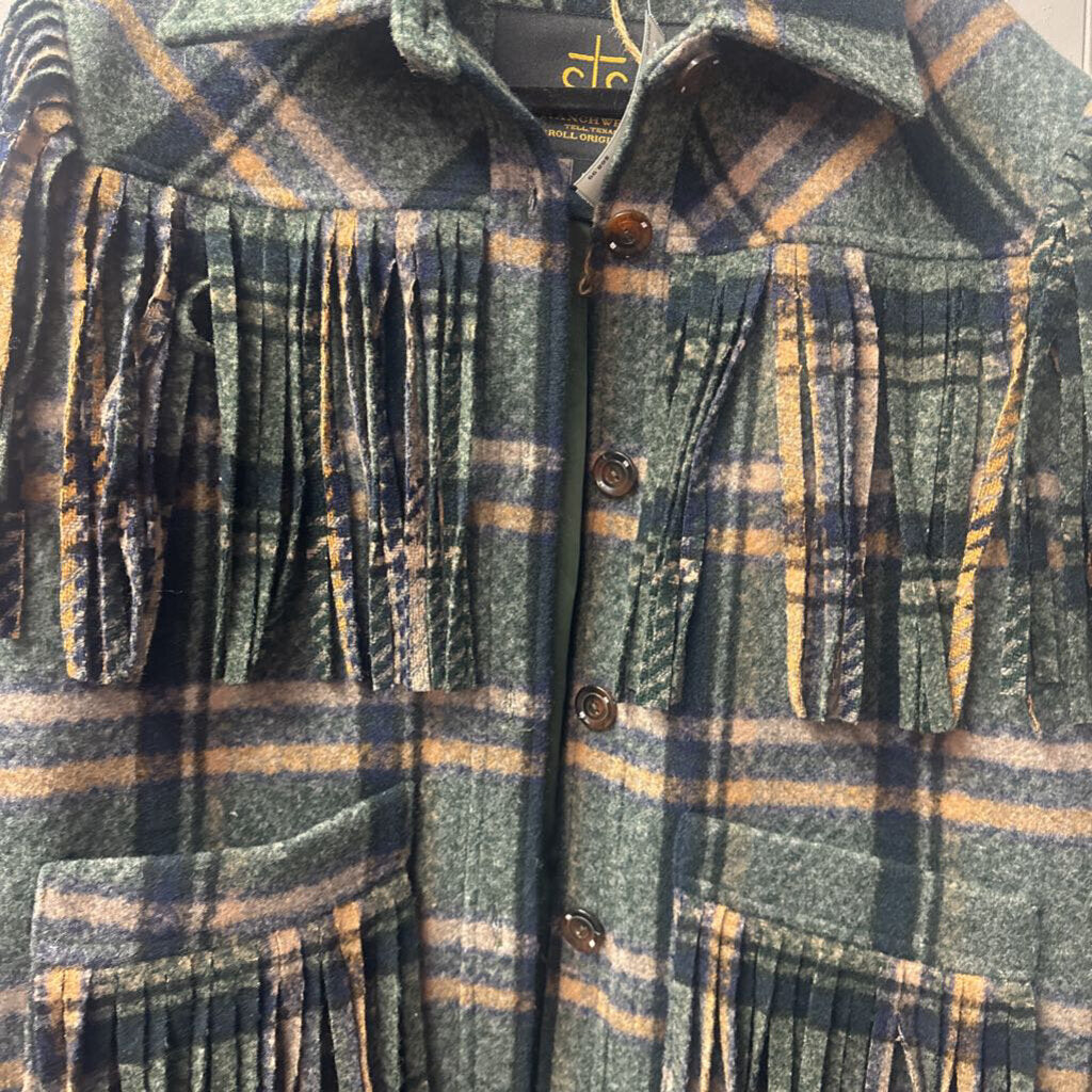 STS,NWT STS PLAID FRINGE COAT RETAIL $174,GRN TAN BLUE ,M