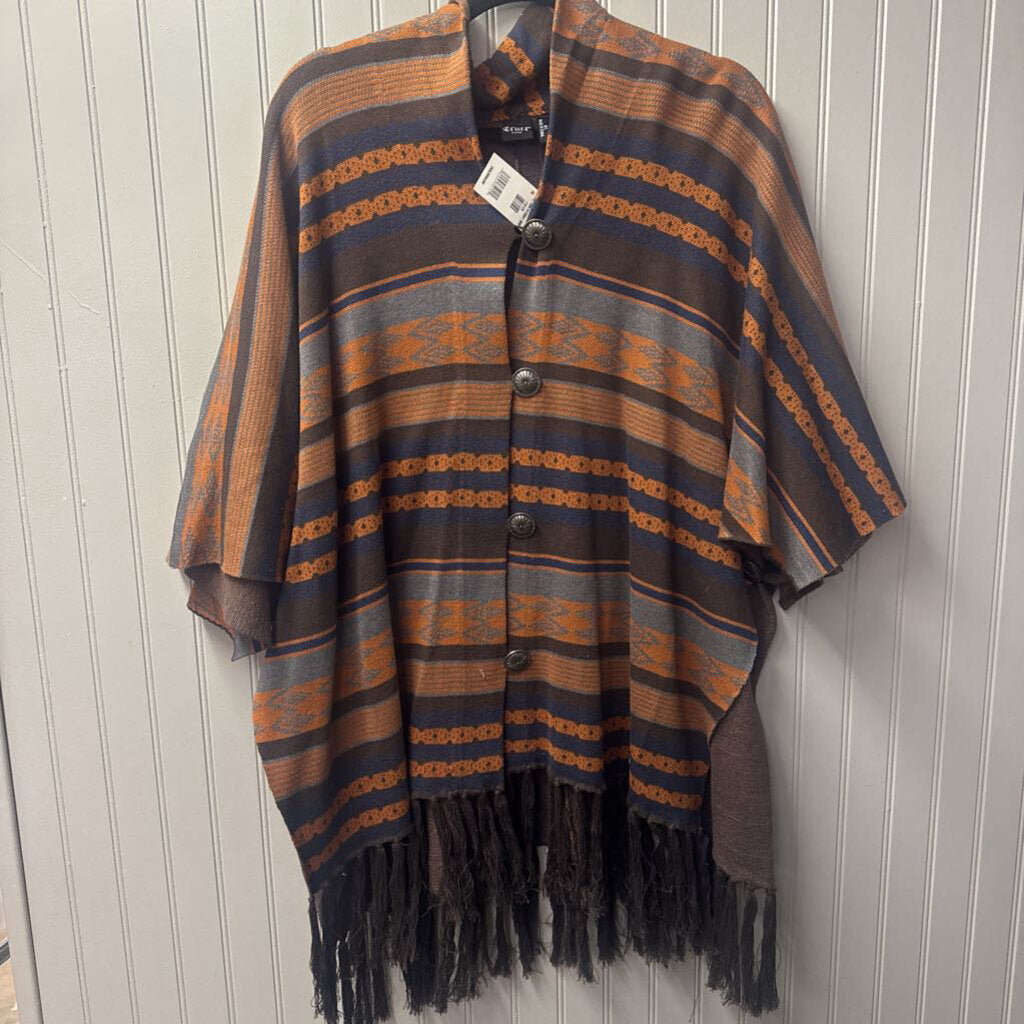 CRUEL,NWT AZTEC SHAW CARDIGAN RETAIL $119,ORG BRN BLUE,M/L