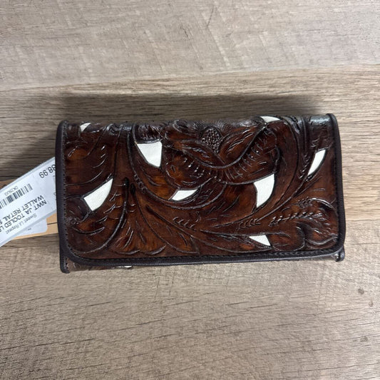 JUAN ANTONIO,NWT JA TOOLED LEATHER WALLET RETAIL $180,BRN WHT