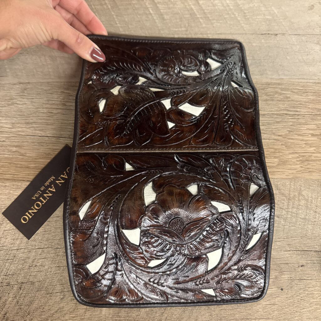 JUAN ANTONIO,NWT JA TOOLED LEATHER WALLET RETAIL $180,BRN WHT